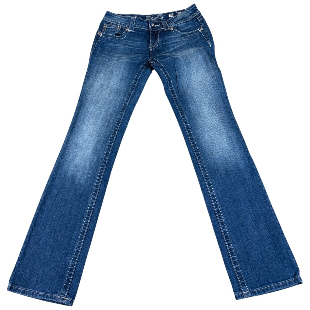 Miss Me Straight Jeans Womens 28 Blue Embroidered Logo‎ Medium Wash Rhinestone